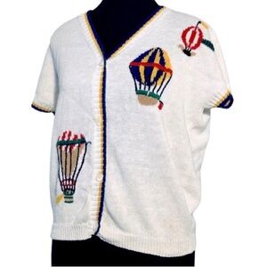 VINTAGE CARDIGAN SWEATER SUBURBANS MEDIUM HOT AIR BALLOONS SHORT SLEEVED